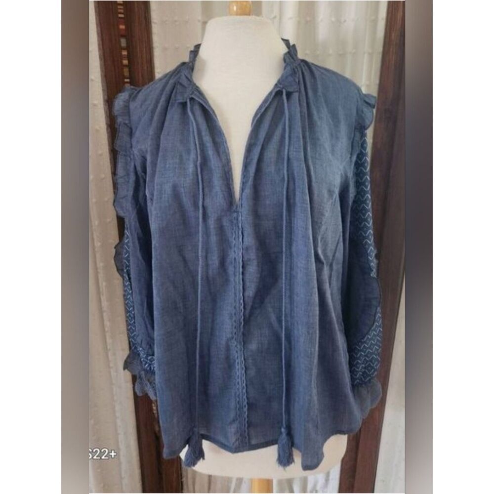 T42 Sheilay Blue Chambray Tassel Tie blouse ruffled neck/sleeves-Western style